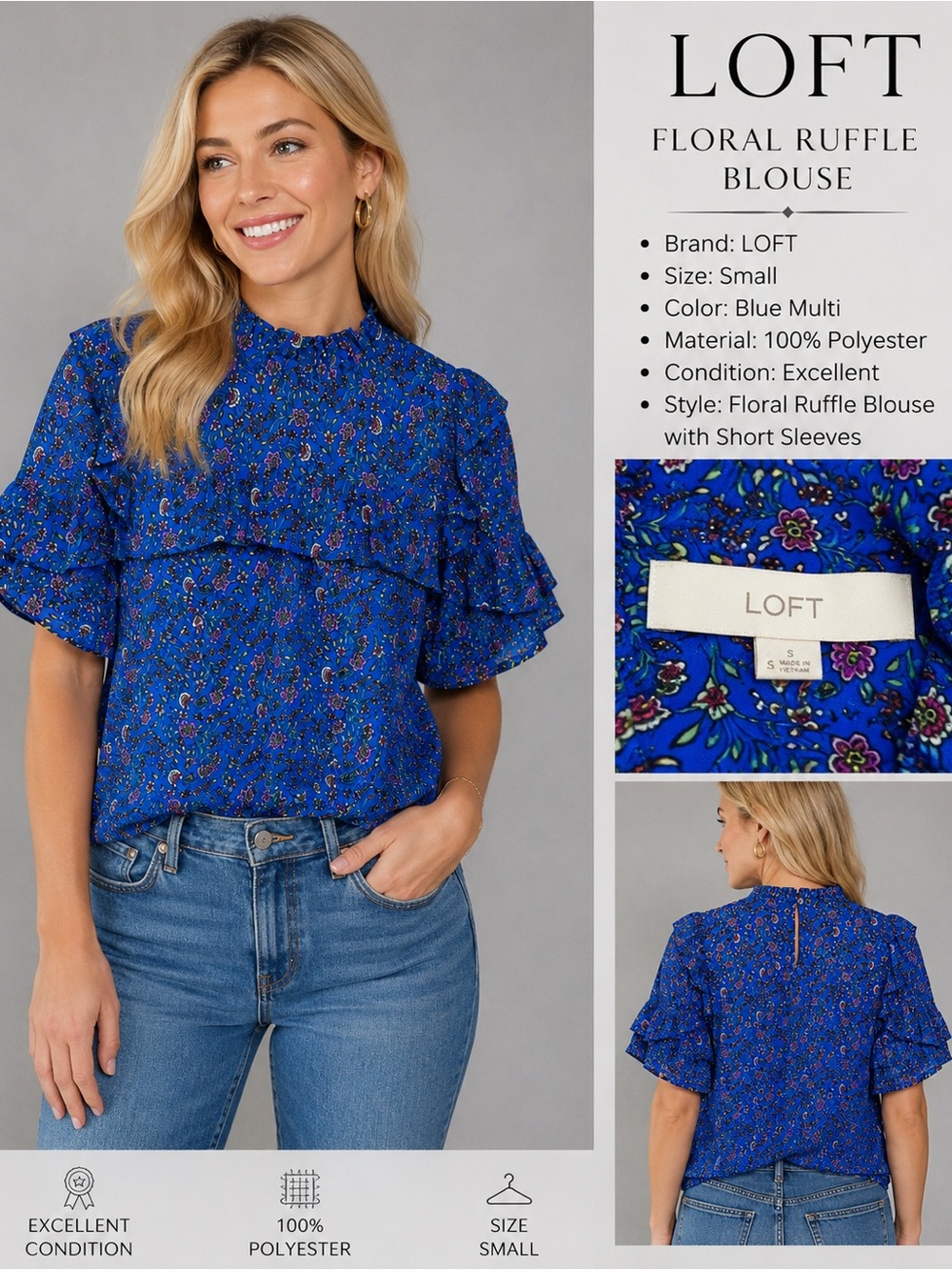LOFT Blue Floral Ruffle Blouse Short Sleeve High Neck Size Small